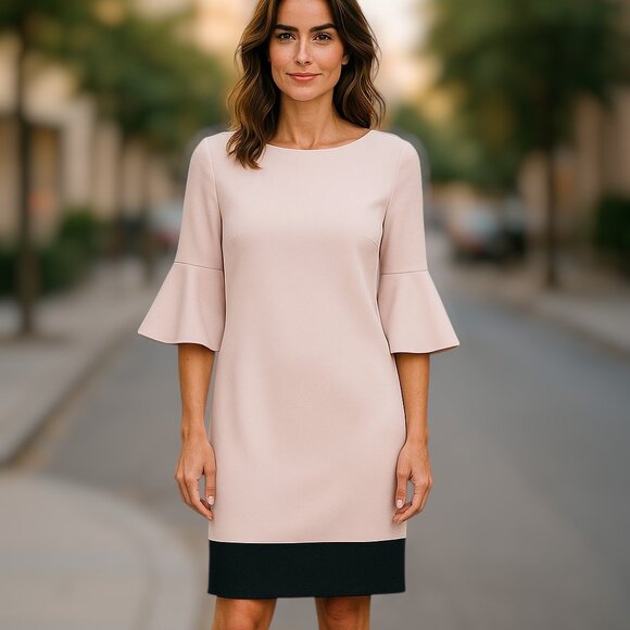 Calvin Klein Soft Pink 3/4 Quarter Inch Bell Cuff Sleeve Shift Dress Size 8 - Picture 1 of 16